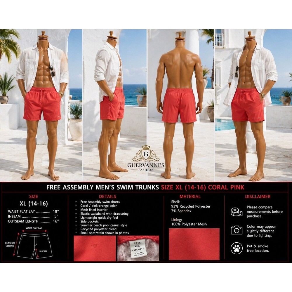 Free Assembly Mens Swim Trunks Swim Shorts Size XL Drawstring pink Peach Beach